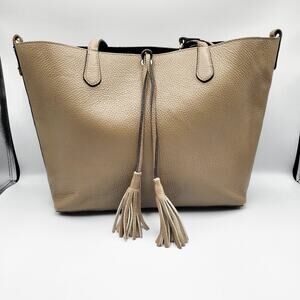 Taupe Gray Genuine Pebbled Leather Shopper Tote Bag Tassels Straps Made in Italy